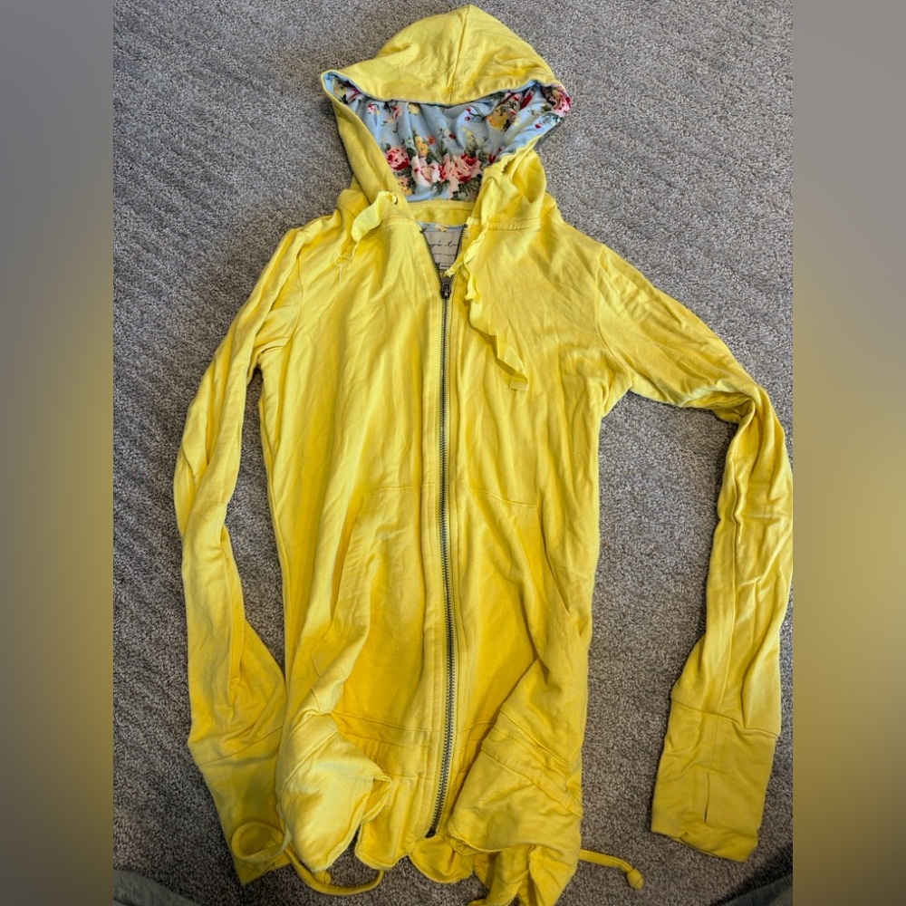 Evy’s Tree Yellow Zip Hoodie Floral Lined Hood  XS